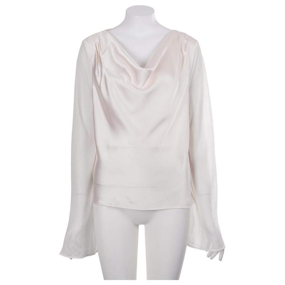NWT LOFT Top M Ivory Satin Cowl Neck Sheer Long Sleeve Blouse